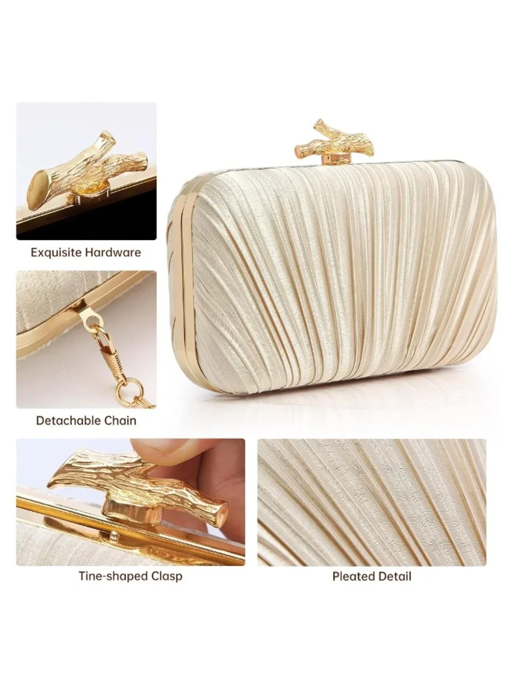 Pleated Satin Evening Clutch with Chain for Prom Wedding Party Formal